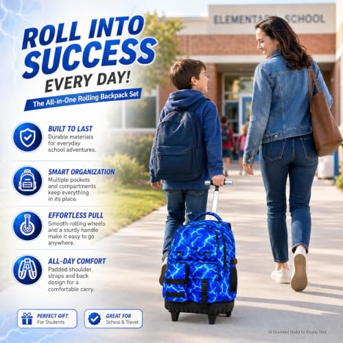 Image of CCJPX Rolling Backpack for Boys, 3Pcs Roller Wheeled School Bookbag, Lightning Wheels Backpacks with Lunch Box for Kids (Blue)