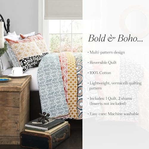 Lush Decor Bohemian Stripe Reversible Cotton Quilt Set, 3 Piece Set, King, Turquoise & Orange - Striped Bedding Set - Blue Quilt King Size - Boho Decor