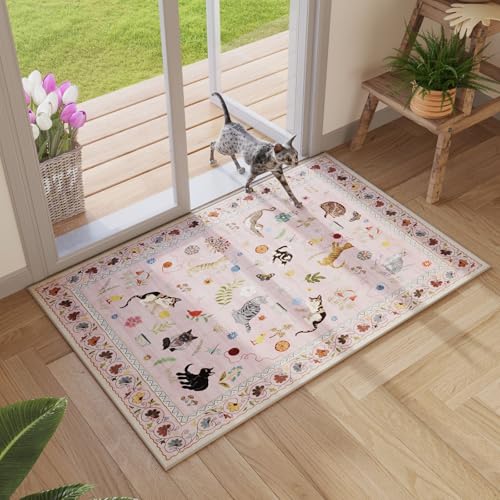 Door Mat Indoor Entrance 2x3 Rug Machine Washable Boho Floral Animal Cat Small Area Rug Non-Slip Low Pile Throw Rugs for Entryway Kitchen Front Door Indoor Entrance Entry Kids Room, Pink