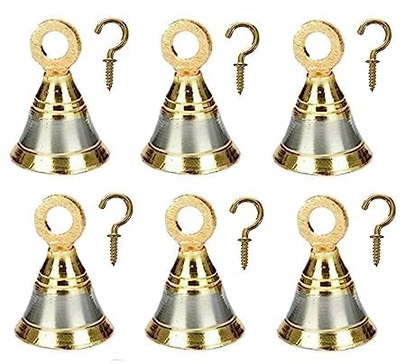 Image of Brass Bell Decorative Pooja Room Bells with J Hook (Silver Gold, Pack of 6) (1.5 inch, 6)