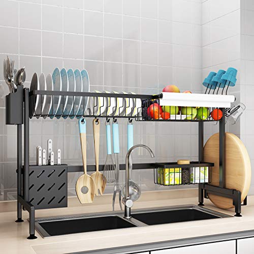 BATHWA Acero Inoxidable Estante de Secado de 2 Niveles sobre el Fregadero, Escurreplatos Estante de Almacenamiento de Cocina, negro