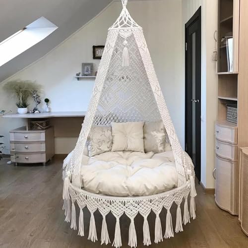 Image of Macrame Hanging Chair Swing with Cushion | Handmade Boho Hammock Chair for Adults & Kids | Indoor Outdoor for Balcony, Living Room, Bedroom, Patio & Garden (Off White)