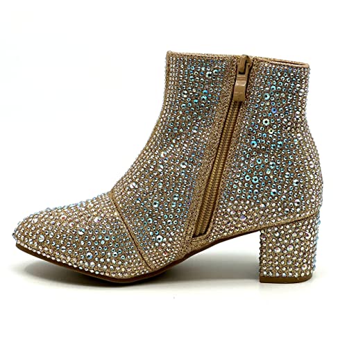 Forever Girls Rhinestone Boots Kids Low Heel Dress Booties Iceberg-12K Shoes Champagne Rhinestone 133