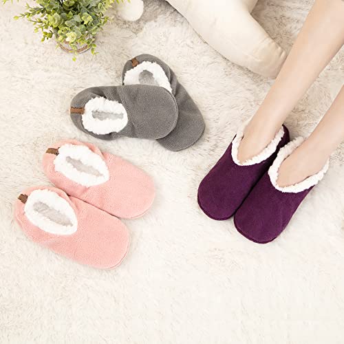 2 Pairs of Soft Sole Slipper Socks for Women with Grippers Non Slip, Winter Warm Cozy House Bedroom Slippers, Ladies Fuzzy Indoor Home Slippers (Purple,Pink,Grey)2