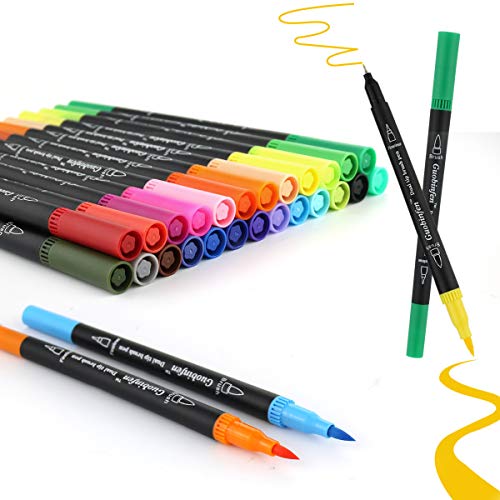 Dual Tip Brush Marker Pens, Guobinfen Fine Tip Markers & Brush Highlighter Pen Set of 25 Colors for Adult and Kids Coloring Books, Calligraphy, Hand Lettering, Note Taking