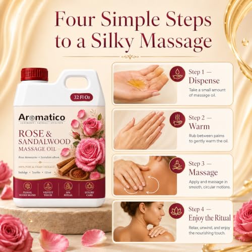 Image of AROMATICO Rose & Sandalwood Massage Oil | Calming & Deep Nourishing Aromatherapy Massage Oil | Best For Abhyanga, Spa & Salon - 1000 ml
