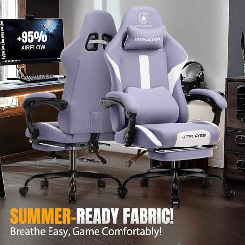GTRACING Gaming Chair with Foot Rest & Pocket Spring Cushion, Breathable Fabric for Home Office Desk, Ergonomic High Back Computer Chair with Headrest & Lumbar Support, Lavender Purple