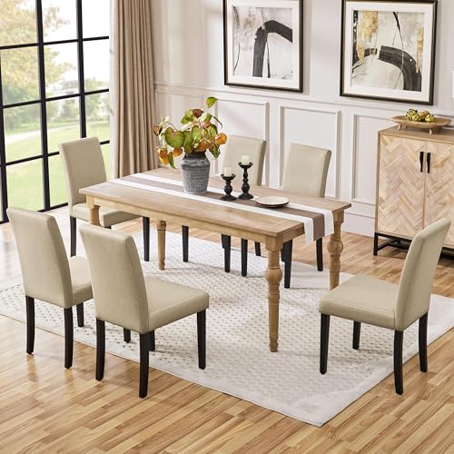 Image of Yaheetech Dining Chairs Set of 6 Fabric Upholstered Parson Kitchen Chairs with Padded Seat and Solid Wood Legs for Dining Room /Restaurant, Khaki