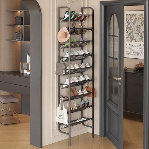 Ornestia Étagère à Chaussures pour Porte, 9 Niveaux Métallique DerrièRe Porte, ModèLe Ouvert avec 12 Crochets - Garde-Manger, Couloir, Salon (Noir, 45,4...