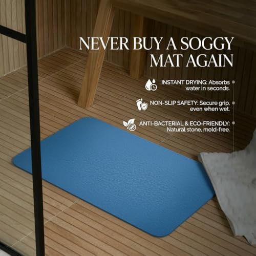 Image of Stone Bath Mat | Diatomaceous Earth Non-Slip Quick Drying Bathroom Floor Mat | Super Absorbent Bathtub & Shower Mat | Odor Free, Safe & Clean for Bathroom & Kitchen (Blue, 39.5 x 59.5 cm)