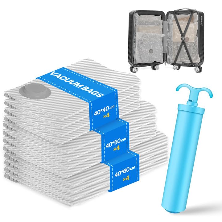 Vacbird Sacchetti sottovuoto per vestiti da viaggio con pompa a mano, set di 12 sacchetti sottovuoto per riporre abiti e organizzazione, sacchetti sottovuoto salvaspazio per vestiti come corpi