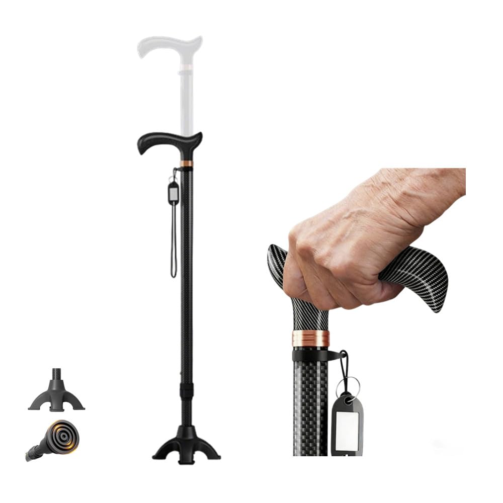 Gehstock für ältere Menschen,Ultra-Leichter Spazierstock aus Kohlefaser, höhenverstellbar 100kg Tragfähigkeit, Stoßdämpfender Spazierstock für Senioren & Erwachsene