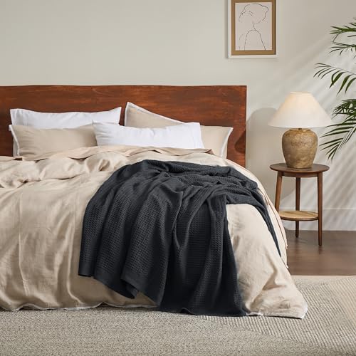 Image of Bedsure 100% Cotton Blanket Full Size for Bed - Breathable and Soft for Summer, Thick Cozy Waffle Weave Blanket Gifts for Women, Black, 80x90 Inches