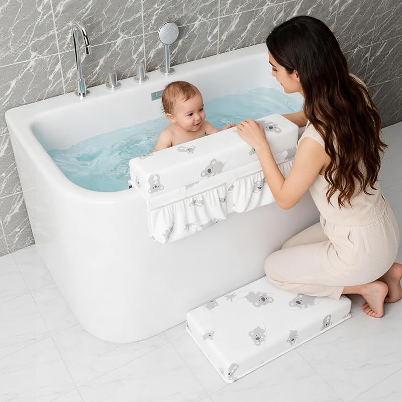 Comfortable Baby Bath Kneeler and Elbow Rest Pad Set Thick Memory Foam Kneeling Pad with Elbow Support, Baby Bathtub Cushion with Toy Organizer for Bathing Infant or Toddler - White