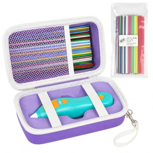 Image of ANKHOH 3D Printing Pen Case for 3Doodler Start+, 72 Pen Refills Included | Hard shell storage with grooved base, mesh pocket and hand strap for school or travel; 3D pen not included, Purple