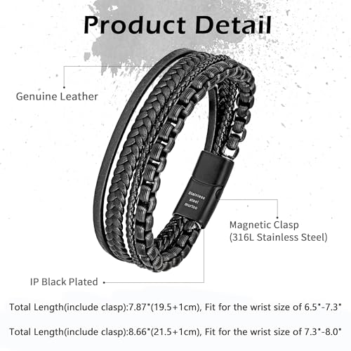 Image of murtoo Mens Bracelet leather and Steel, Stainless Steel Chain and Leather Bracelets for Men