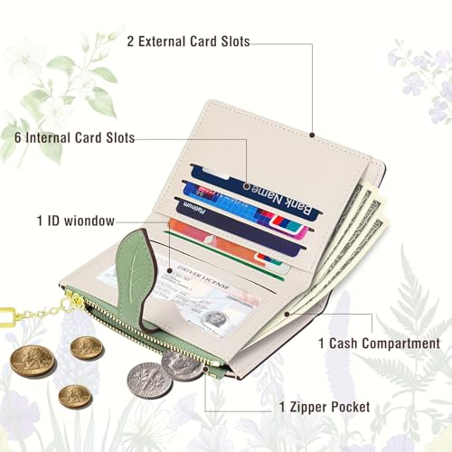 Wallets for Women- RFID Blocking- Soft PU Leather Bifold Coin Zipper Pocket Purse-Small flower wallet Credit Card Holder with ID Window (Green)2