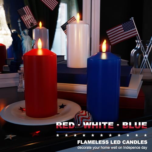 Image of Patriotic Red White and Blue Candles, Real Wax Flameless Pillar Candles with Remote, 4th of July Led Candles, Independence Day Flameless Candles for Patriotic Decor, 3 Pack (D 3 inch x H 6 inch)