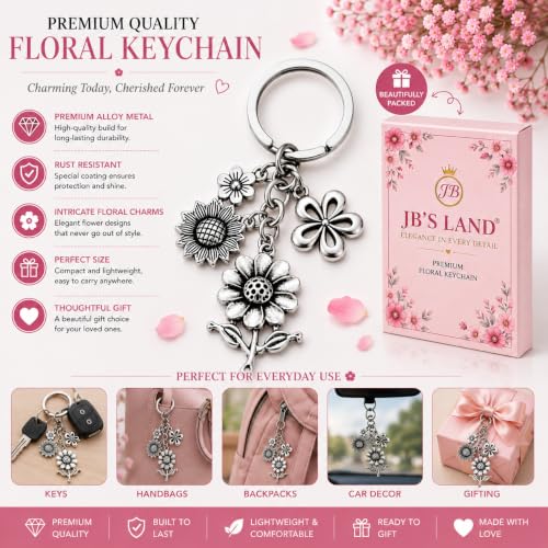 Image of JB'S LAND Floral Charm Keychain Vintage Flower Metal Key Ring for Women | Bag Charm Pendant, Backpack & Car Key Holder, Aesthetic Design, Friendship Gift, For Women & Girls