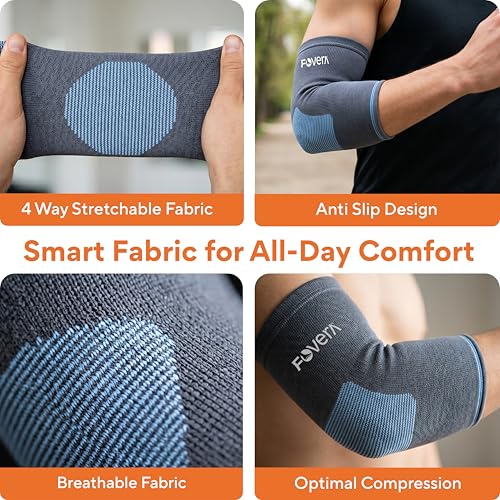Image of FOVERA Elbow Support Compression Sleeve for Tennis Elbow, Golfer's Elbow, Tendonitis Pain Relief | Ideal for Workout, Tennis, Volleyball, Cricket for Men & Women (Size - XL, 1 Pair, Grey)