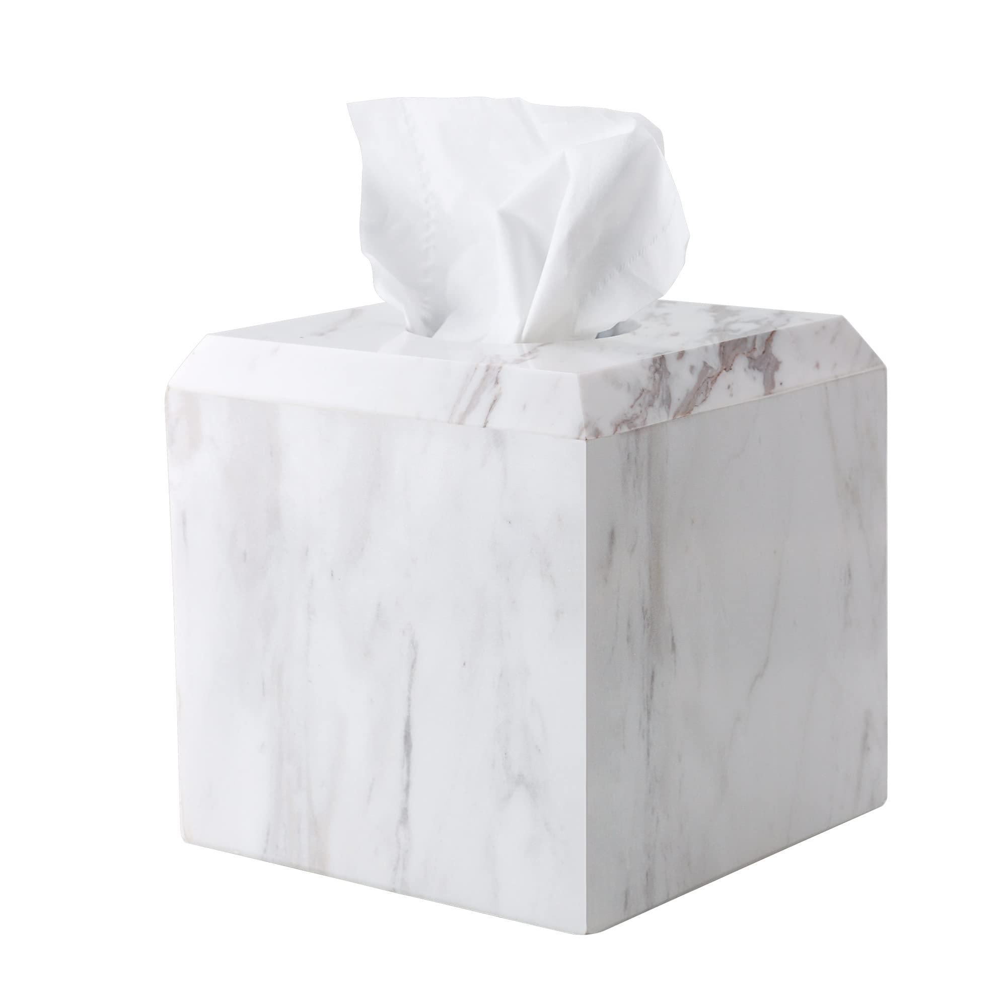WORHE Tissue Box Cover Italy Natural Marble Heavy Duty Square Facial Toilet Paper Holder for Bathroom Living Room Bedroom Dresser Vanity Kitchen Minimalistic Office Home Decor Jazz White (WH014)