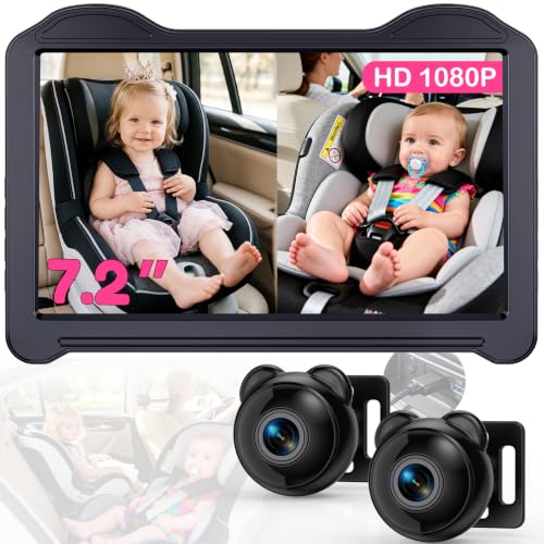 1080P Dual Baby Car Camera for 2 Kids - 7.2 Split Screen Monitor for Twins & Sibling HD Day & Night Vision Car Seat Camera Delivering Clear Face & Body View on Road Trip & Daily Commutes