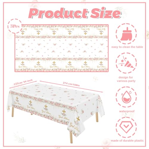 Image of MEHOFOND 3 Pack God Bless Tablecloths, 108 x 54 Inch Pink Flowers Baptism Disposable Table Cloths, Christening Plastic Table Cover, Bautizo Communion Holy Party Decorations for Girls Church