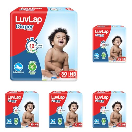 Image of LuvLap Diaper Pants New Born (NB) 0 to 5kg, 30 Count, Baby Diaper Pants, with Aloe Vera Lotion for Rash Protection, upto 12 Hour protection (Pack of 5)
