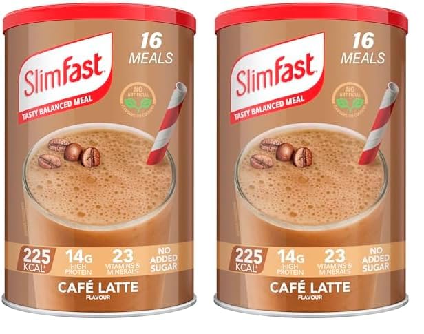 SlimFast Balanced Meal Shake, Healthy Shake for Diet Plan with Vitamins and Minerals, High in Fibre, Replacement, Café Latte Flavour, 16 Servings,584 g (Pack of 2)