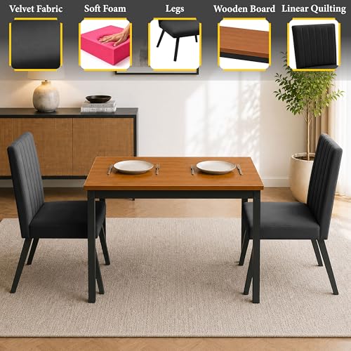 Image of Rosebell Set of 2 Dining Table Chairs with Wooden Top Table, Upholstered Cushioned Chairs, Modern Compact Dining Set for Home, Kitchen & Dining Room (Black)