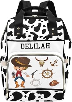 Cow Print Anchor Cowboy Personalized Diaper Bag Backpack Bookbag Name Daypack Large Mommy Bag for Boys Birthday Adult Girls