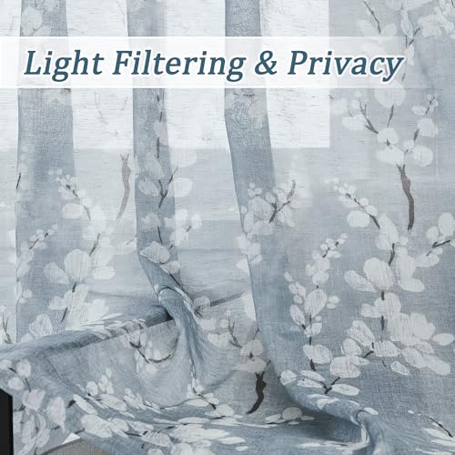 Image of FMFUNCTEX Linen Sheer Blossom Floral Print Curtains Blue 96 Inch 2 Panels