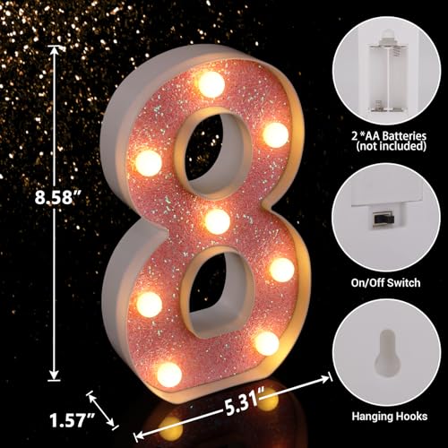 Image of LED Letter Lights Pink Glitter Marquee Letters Light Up Alphabet Letters Sign Battery Powered for Home Party Decoration Night Bar Wedding Birthday Christmas Lamp Girls Gift - Number 8