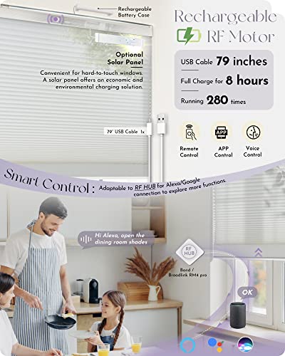 Graywind Motorized Cellular Shades Compatible With Alexa Google Light Filtering Cordless Remote Smart Honeycomb Blinds, Custom Size (Double Cell, Dimout White) #TOP1