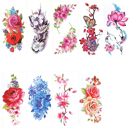 ULTNICE Flower Temporary Tattoos Stickers Lotus Cherry Blossoms Flash Tattoo Pack of 9 Sheets