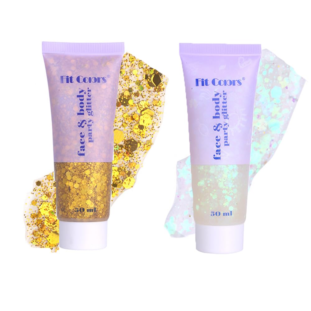 Body Glitter Powder 2 pcs,50ml Glitter Gel Makeup,Mardi Gras Day Makeup Chunky Glitter Eyes and Lips Face Hair Nails,Mermaid Sequin Glitter Face Paint for Face and Hair（White+Gold）