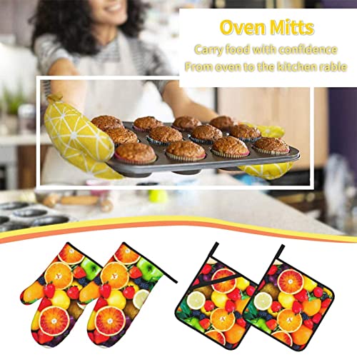 Fruit Rainbow 4 Piece Oven Mitts And Pot Holders Set Heat Resistant Oven Gloves And Hot Pad Non-Slip Potholders For Baking Cooking Kitchen Grilling Bbq #TOP5