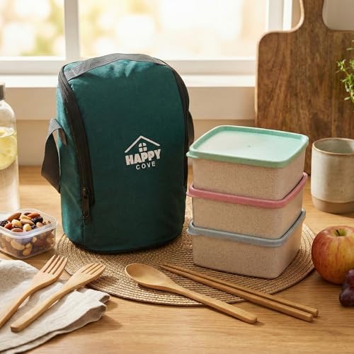Image of Happy Cove Eco Friendly Lunch Box for Office Use | Biocomposite Wheat Straw, Rice Husk & Bamboo Fibre | 3 Multicolour Containers | Tiffin Box with Lunch Bag | Microwave & Oven Safe | Unbreakable
