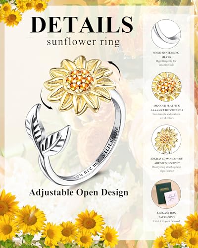 925 Sterling Silver Rings Sunflower Fidget Ring for Women Anxiety Stress Relieving You Are My Sunshine Flower Spinner Rings Cubic Zirconia Open Adjustable Stacking Statement Wedding Stackable Ring Jewelry Gift for Women2