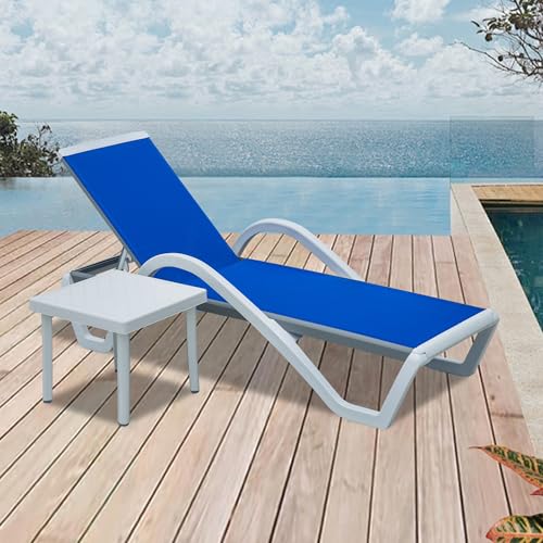 Image of Domi Outdoor Lounge Chair, Aluminum Patio Chaise Lounge with 5 Position Adjustable Backrest and Wheels, All Weather Reclining Chair with Armrest and Side Table for Patio, Yard,Balcony,Poolside (Blue)