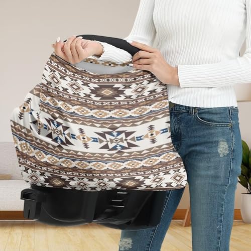 Image of Binienty Light Brown Tribal Geometric Car Seat Cover for Babies, Breathable Breastfeeding Scarf for Moms, Extra Soft and Stretchy Nursing Covers for Boys Girls