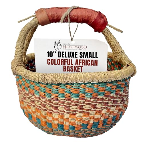Africa Heartwood Project - Deluxe Colorful African Basket with Leather Handles - Handmade from dried Elephant Grass Hand-Woven by Women in Bolgatanga Ghana - Small 10 Round (Flat-packed)