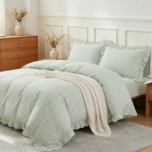 Image of Nayoroom Gingham Duvet Cover Queen Size Green Ruffle Plaid Checkered Duvet Cover 3 Pieces Soft Washed Microfiber Vintage Farmhouse Dorm Bedding Set Gifts for Women Men