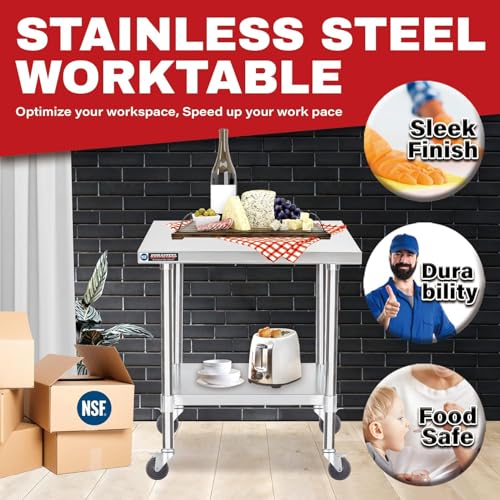 Image of DuraSteel 30x24 NSF Stainless Steel Cart Work Table - Heavy Duty Rolling Food Prep Table - Metal Utility Cart on Wheels Caster, Grill Stand Microwave Outdoor Kitchen Tables Countertop Island Large Top