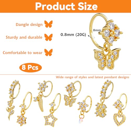 8 Pcs Dangle Nose Rings Hoop for Women,Gold Hoop Nose Rings2