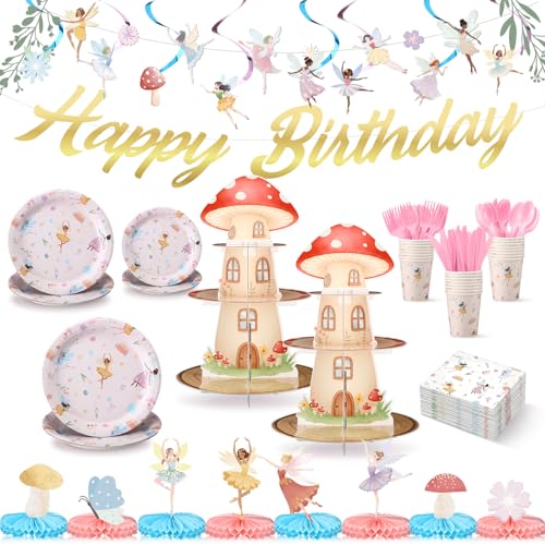 258 Pcs Fairy Birthday Party Decorations Include Disposable Fairy Paper Plate Napkin Teacup Saucer Cupcake Stand Centerpiece Bunting Banner Hanging Decoration Spring Ballet Forest Birthday Baby Shower