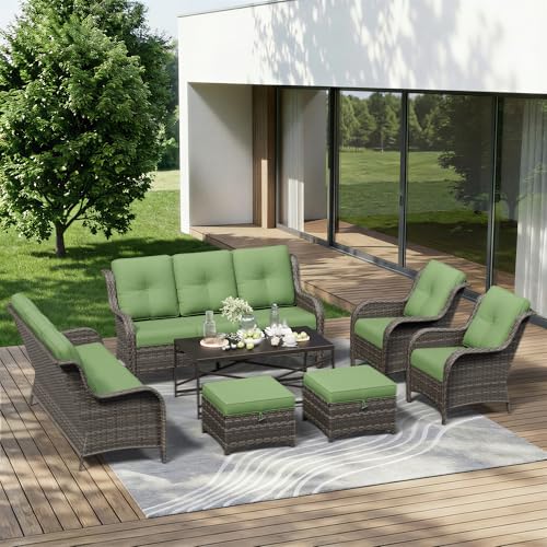 Image of 7 Piece Outdoor Wicker Patio Furniture Set, Patio Chairs Set with Thickened Olefin Cushions, High Back and Deep Seating, Hand-Woven PE Rattan, Ottoman for Porch, Deck