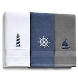 HunnmingRe 3 Pcs Nautical Hand Towels 13.3 x 28.4'' Nautical Bathroom Decor Summer Dark Blue White Cotton Dish Towels Coastal Boat Owners Gift for Home Bath Kitchen Beach Accessories