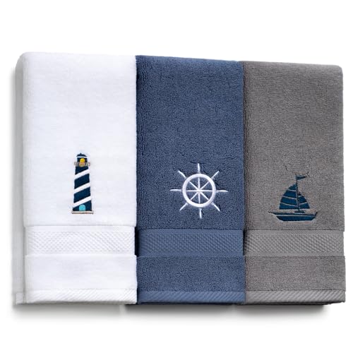 HunnmingRe 3 Pcs Nautical Hand Towels 13.3 x 28.4 Nautical Bathroom Decor Summer Dark Blue White Cotton Dish Towels Coastal Boat Owners Gift for Home Bath Kitchen Beach Accessories