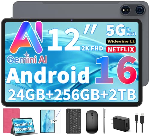 Image of 12 inch Tablet with Keyboard - 2026 Gemini AI Android 16 Tablet, Pink Case